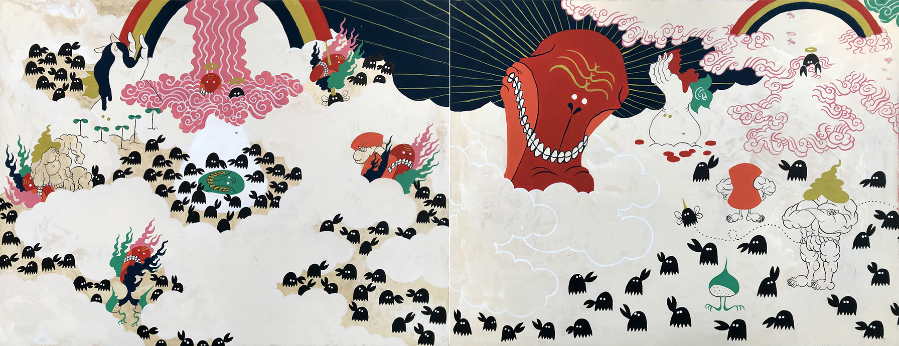 Mune Atsushi, The Saru Kani Wars, 2020, 318 × 1,640 mm, Acrylic/ink in Wood panels