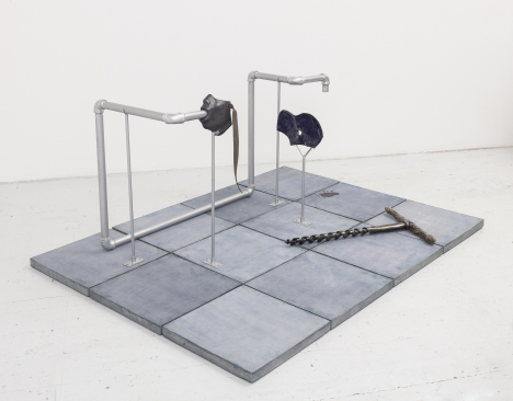 Julia Phillips. Extruder (#1). 2017. Partially glazed ceramics, screws, metal structure, metal pipes, concrete tiles, lacquer. Image courtesy the artist